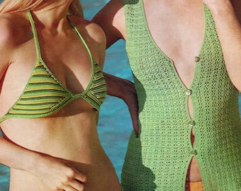Retro 1970s Crochet Bikini / Beach Cardigan Wrap - PDF Digital RARE Crocheting Pattern - Ladies 30"-32" 34"-36" Beach Costume Swim Wear