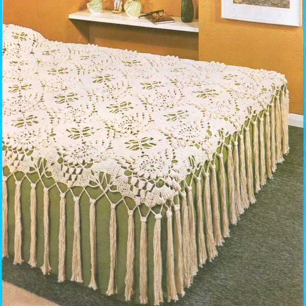 Bedcover Bedspread Crocheted with Tassle Edge - Crochet Pattern PDF Digital - Vintage Retro Bedroom Design 1960s Style