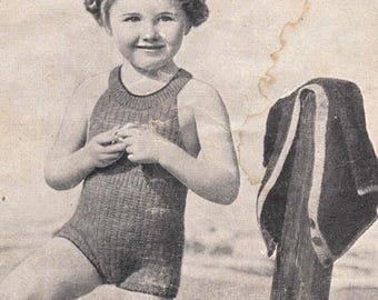 Vintage Knitting Pattern to make 1940s Child's Girls Boys Knitted Swimsuit Swimming Costume - PDF Digital - 40s Beachwear 1 2 3 4 year olds