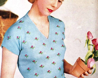 1950s Lady's Floral Jumper Sweater Knitted Evening Top - Vintage Knitting Pattern Ladies  35" Bust PDF Digital V-Neck