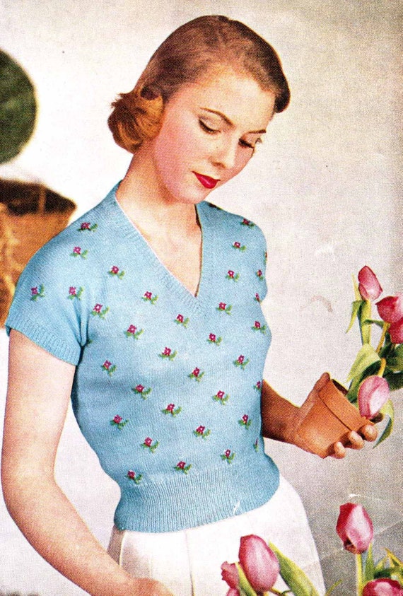 1950s Lady's Floral Jumper Sweater Knitted Evening Top Vintage Knitting  Pattern Ladies 35