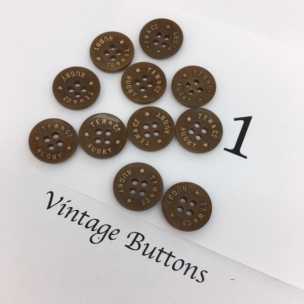 14 x TEW & Co Rugby Brown 4 botones de agujero, botones del Reino Unido - lote de botones antiguos del trabajo