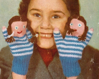 Novelty Toy Puppet Mittens for Children 1950s Vintage DK Knitting Pattern - Monkey Doll Bear - PDF Digital - 2-7 years Toddler Gloves