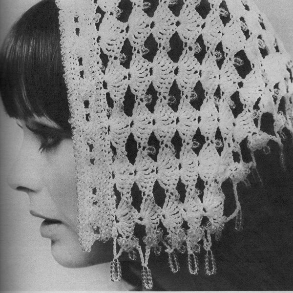 1960s Bridal Headwear - Crochet Pattern Digital Download to make Beaded Headscarf Veil for 60s Wedding - Festival Boho