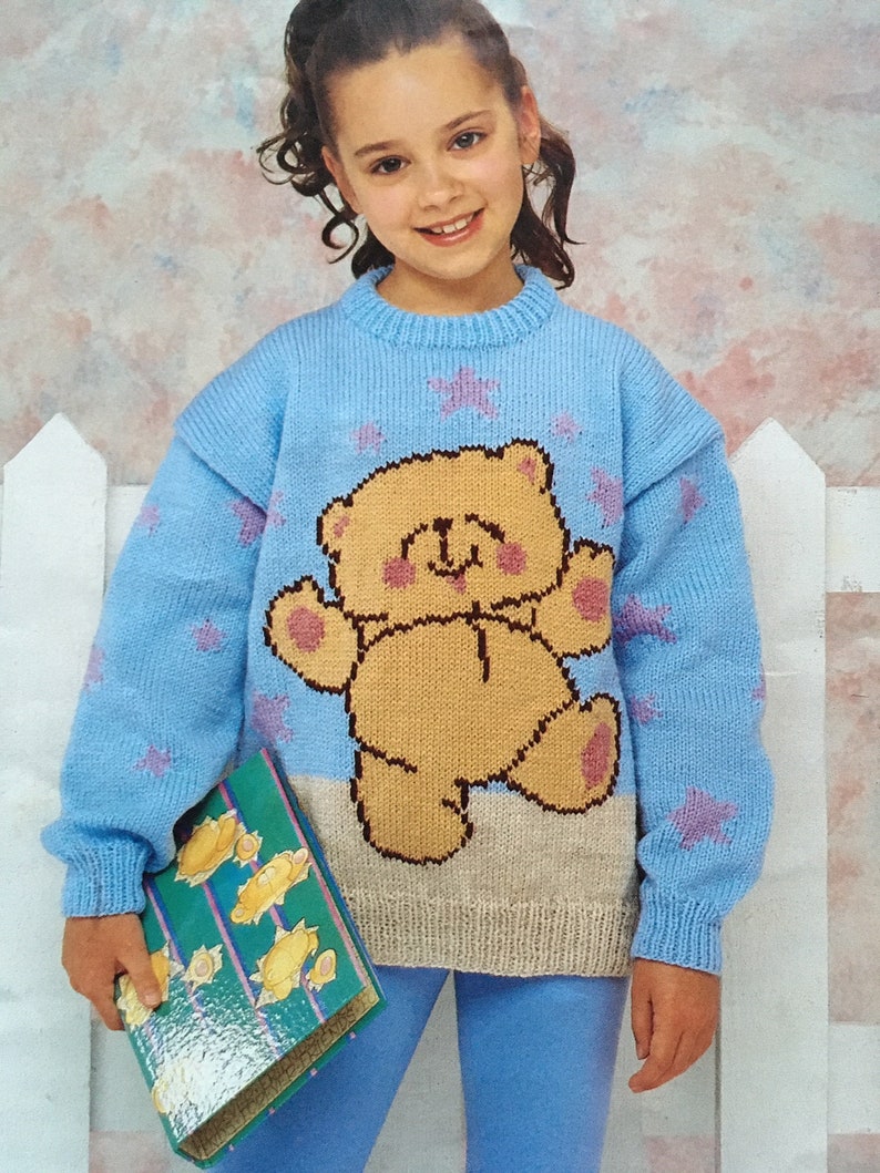 DK Jumper Sweater Size 22 to 32 Chest Patons PBN E5046 Original Forever Friends Teddy Motif Knitting Pattern UK Knitting