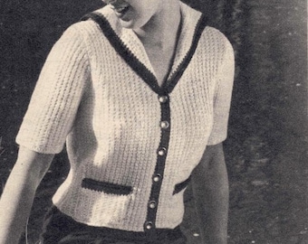 Ladies 1950s Sweater Jumper with Sailor Collar 4 ply Knitting Pattern Vintage Lady's Nautical  32" 34" 36" Bust PDF Digital RARE 50s Fashion