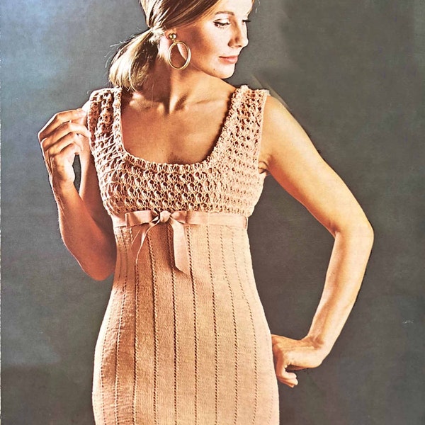 1960s Knitted Lacy Bodice Glamorous Cocktail Dress Knitting Pattern - PDF Digital Download Ladies 34" 36" 38" Bust - Empire Line 4 ply Wool