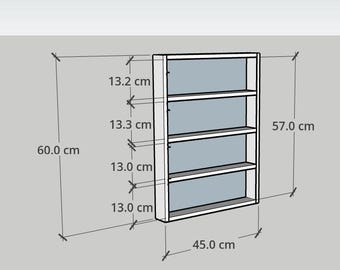May include: A white four-tier rectangular wall shelf with light blue back panels. Technical drawing includes dimensions: 60.0 cm total height, 45.0 cm width, 57.0 cm inner height, and individual shelf heights of 13.2 cm, 13.3 cm, 13.0 cm, and 13.0 cm.
