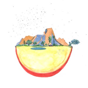 Könnte beinhalten: Ein Aquarellbild einer Bergkette mit einem kleinen See und Bäumen, die alle auf einer Hälfte eines roten Apfels sitzen.