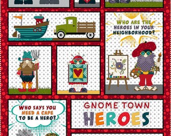 Red Gnome Town Hero Banner Quilt Panel by Leanne Anderson and Kaytlyn Kuebler for Henry Glass