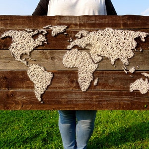 World Map String Art World Map Decal Wooden World Map Travel Map Wood Wall Art Rustic Home Decor Reclaimed Wood Fireplace image 1