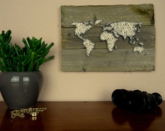World Map Wall Decal | String Art Map | Reclaimed Wood Art | Wall Art Wood | Gifts For Travellers | Office Decor | Living Room Decor
