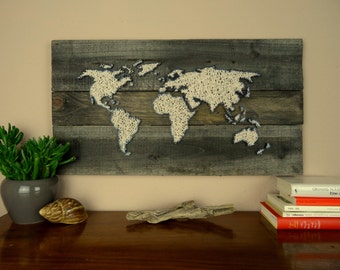 World Map | String Art | Gift for Couple | Reclaimed Wood | Wedding Gift | Shabby Chic Decor | Map Art | Travel Gift | Housewarming Gift