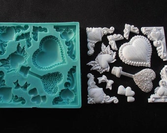 Silicone Mould ORNAMENTS WITH HEARTS Sugarcraft Cake Decorating Fondant / fimo mold