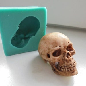 May include: A light brown skull figurine next to a teal silicone mold in the shape of a skull. The skull has detailed features, including eye sockets, a nasal cavity, and teeth. The mold is a solid block with a skull-shaped cavity.