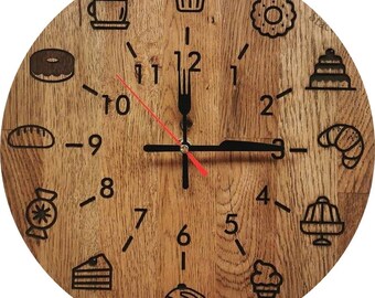 Wooden clock for wall, Clock for a bakery, Engraved clock for the home