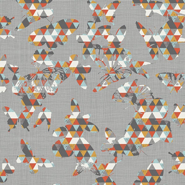 Geometric Butterfly Fabric, Indelible Fabric for Art Gallery Fabrics by Katarina Roccella.  Flutter Folds Spark in grey and orange