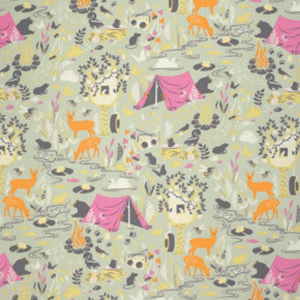 Tula rosa chiaro di luna, foresta frivolezza luna brillare in argento, moderne Woodland tessuto con cervi, tende e altri animali della foresta