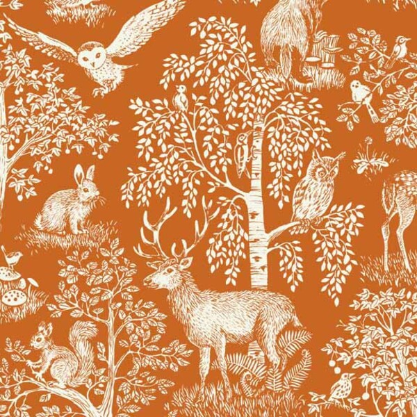 Sherwood Fabric, Scenic Woodland Fabric from Andover, Forest Scene Rust Orange, Deer, fox, bunnies, owls