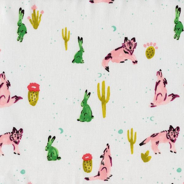 Cotton and Steel Fabric, Mesa by Alexia Marcelle Abegg,  Southwest Spirit animal in Snow, coyote, rabbits, cactus