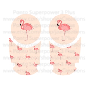 May include: Two pink flamingo designs. One design features a single flamingo on a light pink background. The other design features a repeating pattern of pink flamingos on a light pink background with small pink dots.