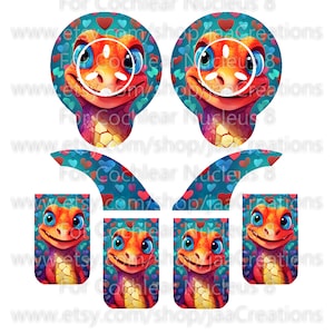 May include: Five colourful stickers featuring a cartoon lizard with blue eyes and a bright orange body. The background is a teal blue with pink hearts. The text "For Cochlear Nucleus 8" is visible at the top of the image.