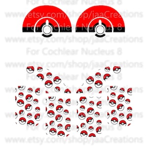 Könnte beinhalten: Vier rote und weiße Pokeball-Aufkleber mit schwarzem Umriss. Die Aufkleber sind in einem quadratischen Muster angeordnet. Der Text "For Cochlear Nucleus 8" und "www.etsy.com/shop/jaaCreations" ist oben und unten im Bild sichtbar.