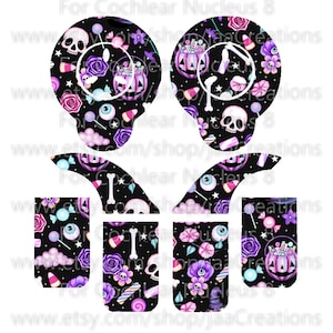 May include: Halloween-themed stickers with a black background, featuring skulls, sweets, flowers, and pumpkins. The text "For Cochlear Nucleus 8" and a website address are visible. The design is repeated.