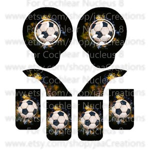 May include: Set of six black and yellow soccer ball stickers with a white soccer ball in the center of each sticker. The stickers are for Cochlear Nucleus 8.