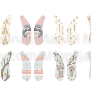 May include: Set of 12 printable ear warmers featuring a variety of woodland animal and nature-themed designs. The designs include deer, raccoons, foxes, bears, trees, arrows, and geometric patterns. The ear warmers are in shades of pink, blue, brown, and white.
