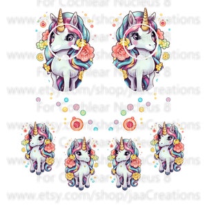 May include: Five colourful unicorn illustrations with rainbow manes and floral headbands. The unicorns are standing on a white background with colourful polka dots.