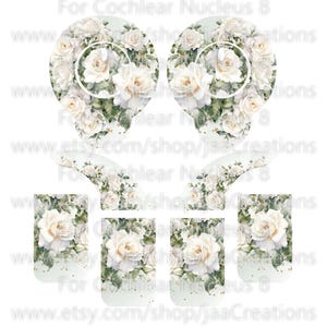 Puede incluir: Cinco pegatinas con estampado floral blanco y verde para audífonos Cochlear Nucleus 8. Las pegatinas presentan rosas blancas con hojas verdes y detalles de purpurina dorada.