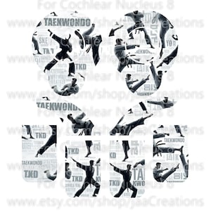 May include: Black and white graphic featuring the word 'TAEKWONDO' formed by silhouettes of martial artists in action. The image includes the text 'For Cochlear Nucleus 8' and a shop URL. The background is white.
