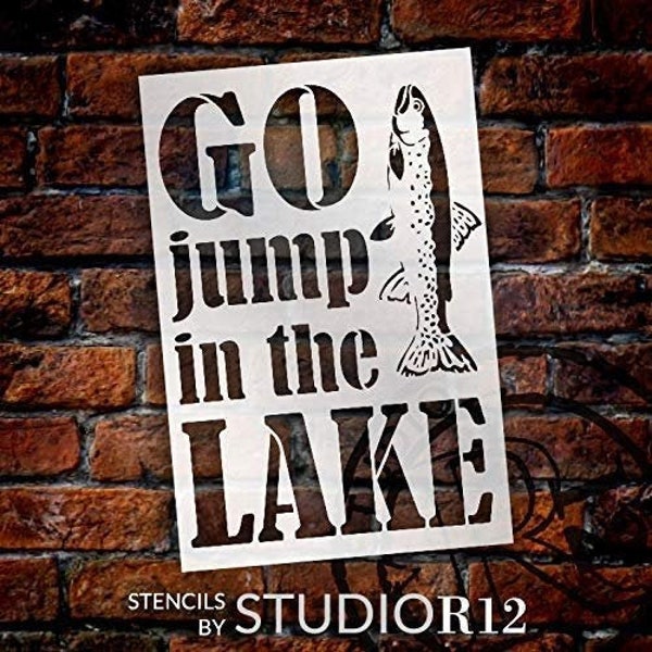 Go Jump in the Lake Stencil with Fish by StudioR12 | DIY Summer Cabin Home Decor | Fun Outdoor Adventure Word Art | Craft & Paint Wood