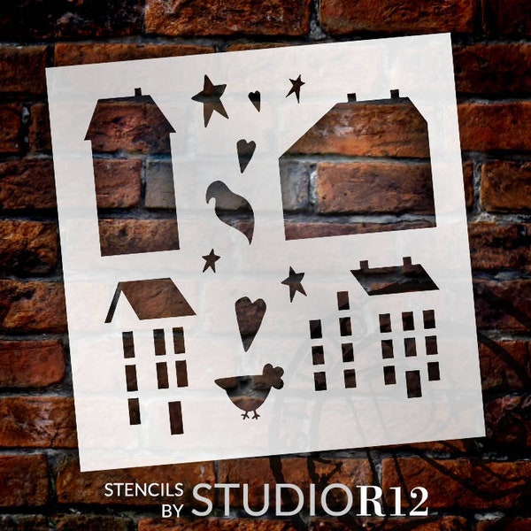 Primitive Houses - Art Stencil- Select Size - STCL1204 - by StudioR12