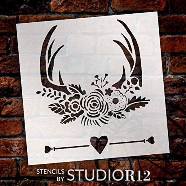 Deer Rack with Flowers and Heart Stencil by StudioR12 | Rustic Antler Nature Gift | Craft DIY Farmhouse Wall Art | Floral Hunting Home