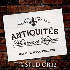 Antiquities Montres Et Bijoux Rue Lafeyette Stencil by StudioR12 | French Words - Watches Jewelry Reusable Mylar Template | Painting,...