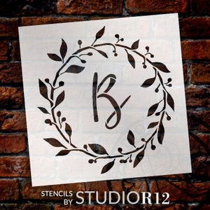 Cursive Monogram Stencil with Leaf and Berries by StudioR12 | DIY Farmhouse Home Decor | Craft and Paint Wood Signs | Select Size & Letter