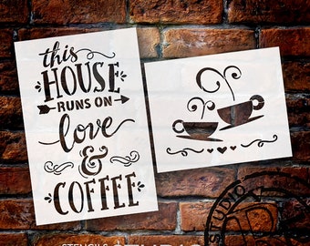 This House Runs On Love and Coffee - 2 Piece by StudioR12 | Reusable Mylar Template | Use to Paint Wood Signs - Walls - DIY Kitchen