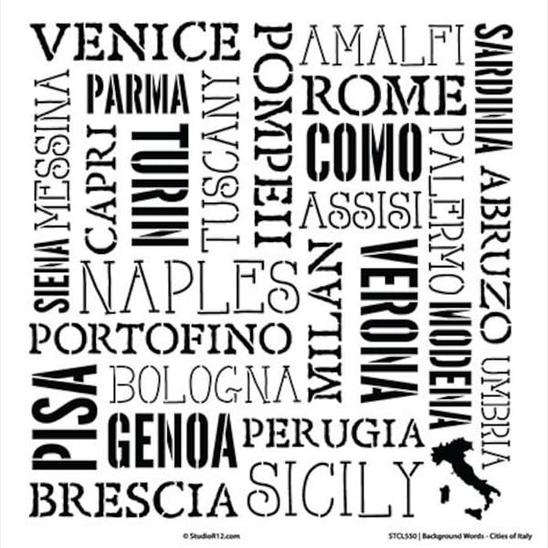 Background Words - Cities of Italy Stencil - 12" X 12" - SKU:STCL550