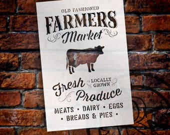 Old Fashioned Farmers Market Stencil -By StudioR12 - Fresh Produce  Locally Grown with Cow Sign Stencil -  Paint a Wood Sign -  SELECT SIZE