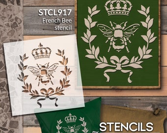 French Bee Stencil by StudioR12 - Reusable - Includes Crown and Laurel Wreath - Furniture Paint - French Farmhouse, Mixed Media SELECT SIZE