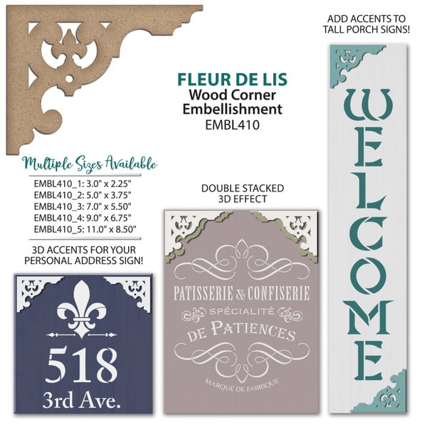 Fleur De Lis Wooden Corner Embellishment | Unfinished MDF Wood Onlay Decorative French Applique for Tall Porch Sign | Select Size | EMBL410