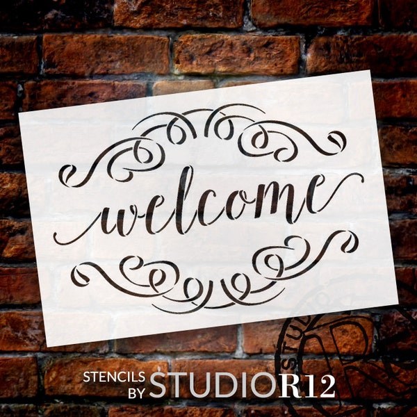 Welcome Stencil with Scrolls by StudioR12 | Reusable Mylar |for painting on Pallet Wood signs - Farmhouse | for DIY Home Decor - SELECT SIZE