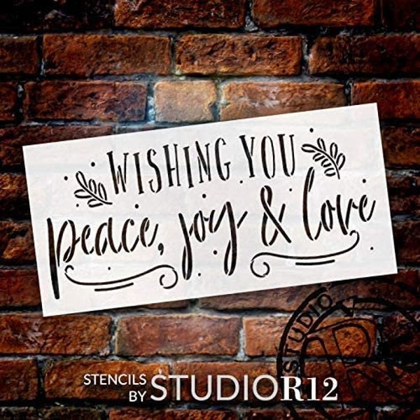 Wishing Peace Joy & Love Stencil by StudioR12 | DIY Christmas Holiday Laurel Home Decor | Craft and Paint Wood Sign | Reusable Mylar