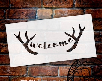 Welcome - Antlers - Casual Script - Word Art Stencil - Select Size - STCL2077 - by StudioR12