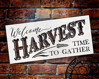 Welcome Harvest - Time to Gather Stencil with Wheat by StudioR12 Reusable Word Template for Painting on Wood DIY Home Decor Thanksgiving...