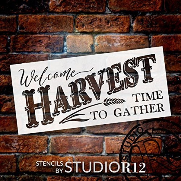 Welcome Harvest - Time to Gather Stencil with Wheat by StudioR12 Reusable Word Template for Painting on Wood DIY Home Decor Thanksgiving...