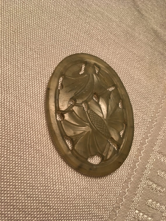 Antique Carved Openwork Pendant of Nephrite Celadon Jade Floral