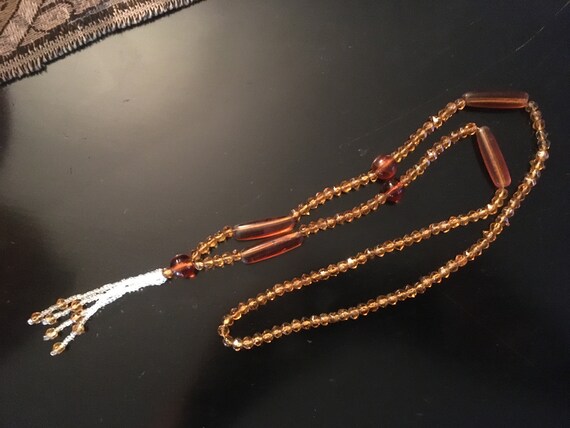 Amber Glass Beaded Flapper Necklace - 90 years old